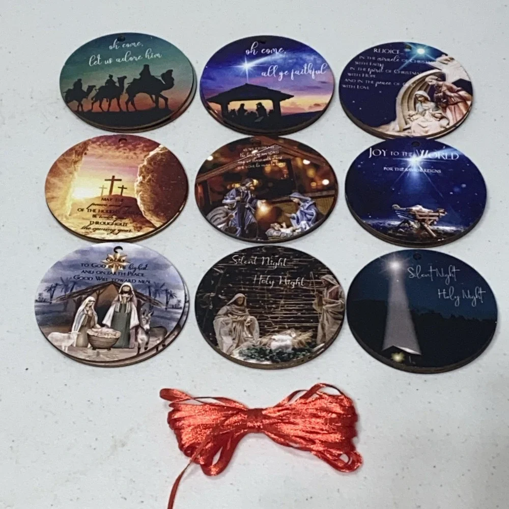 Lot Of 18 Round Wooden Christmas Ornaments Holiday Nativity Spiritual Jesus 3
